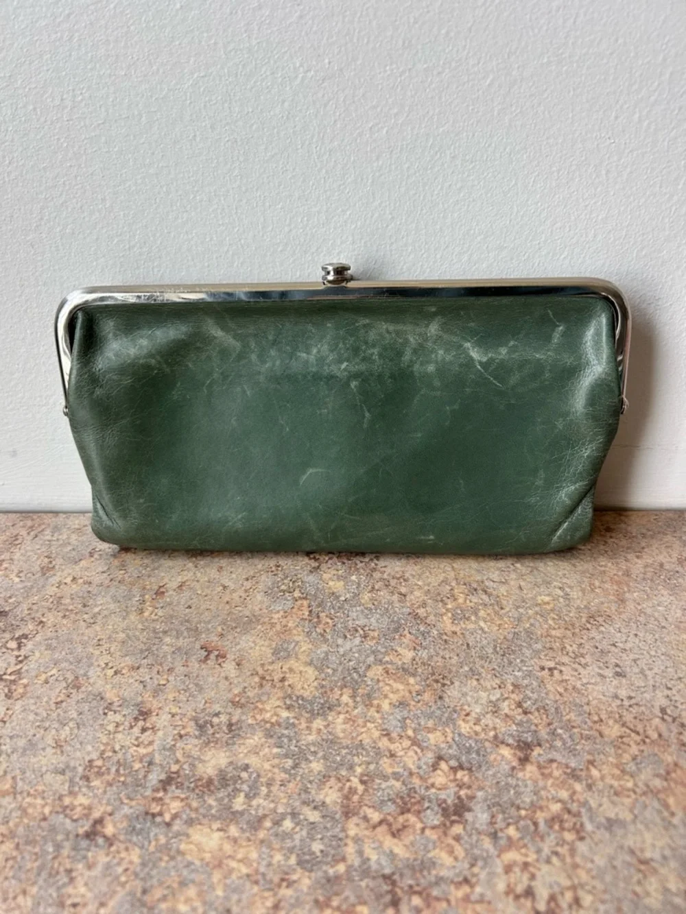 Hobo Distressed Olive Green Double Clasp Leather Wallet